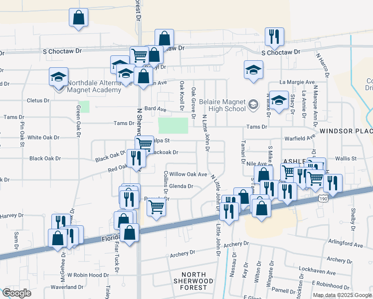 map of restaurants, bars, coffee shops, grocery stores, and more near 11655 East Blackoak Drive in Baton Rouge