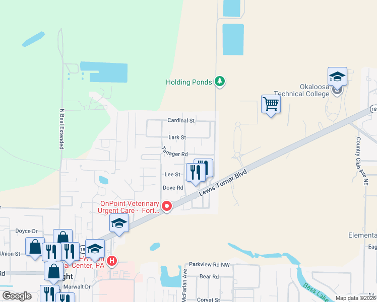map of restaurants, bars, coffee shops, grocery stores, and more near 1197 Forest Heights Road in Fort Walton Beach