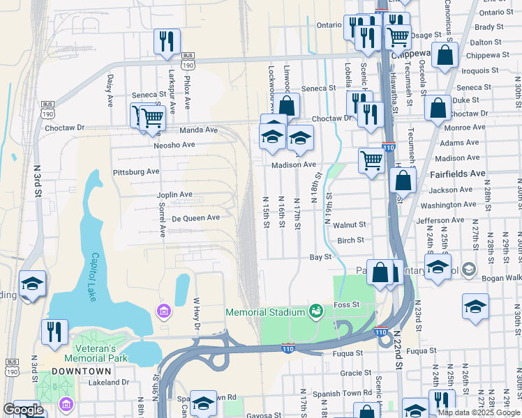 map of restaurants, bars, coffee shops, grocery stores, and more near 1905 North 15th Street in Baton Rouge