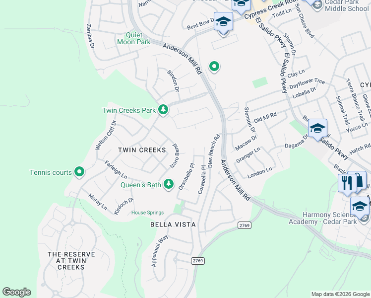 map of restaurants, bars, coffee shops, grocery stores, and more near 2501 Zennor Court in Cedar Park