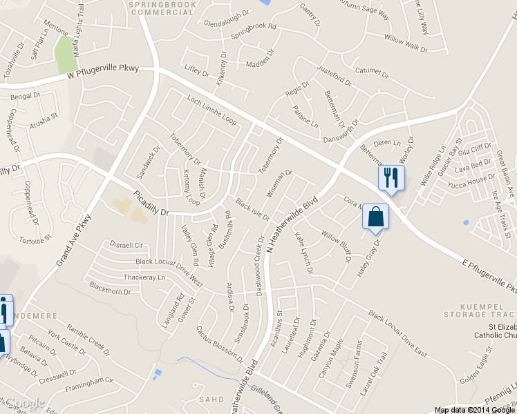 map of restaurants, bars, coffee shops, grocery stores, and more near 17402 Wiseman Drive in Pflugerville