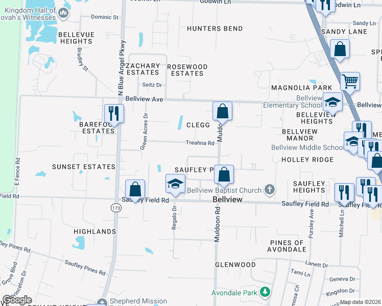map of restaurants, bars, coffee shops, grocery stores, and more near 5138 Stevendale Drive in Pensacola