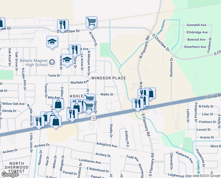 map of restaurants, bars, coffee shops, grocery stores, and more near 12924 Wales Street in Baton Rouge
