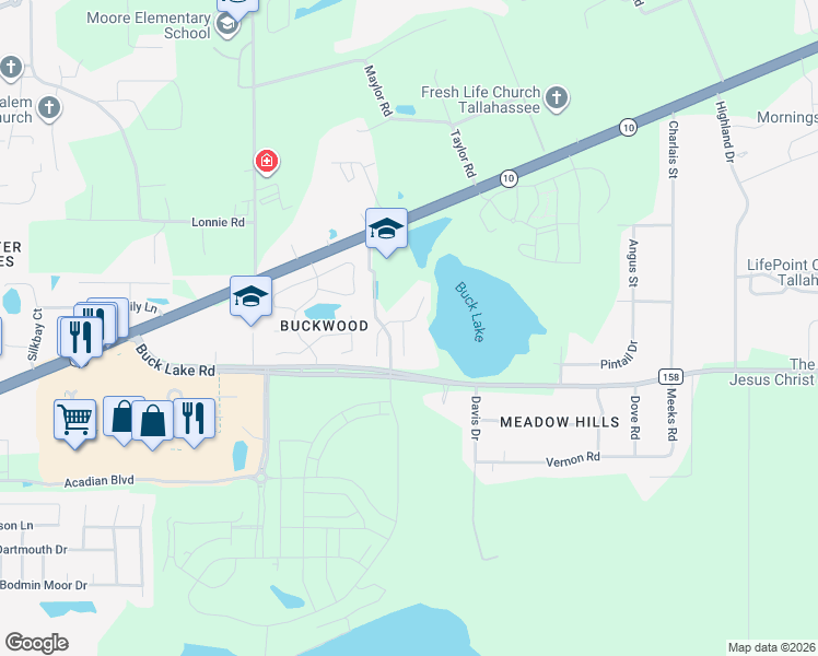 map of restaurants, bars, coffee shops, grocery stores, and more near 179 Harlan Court in Tallahassee