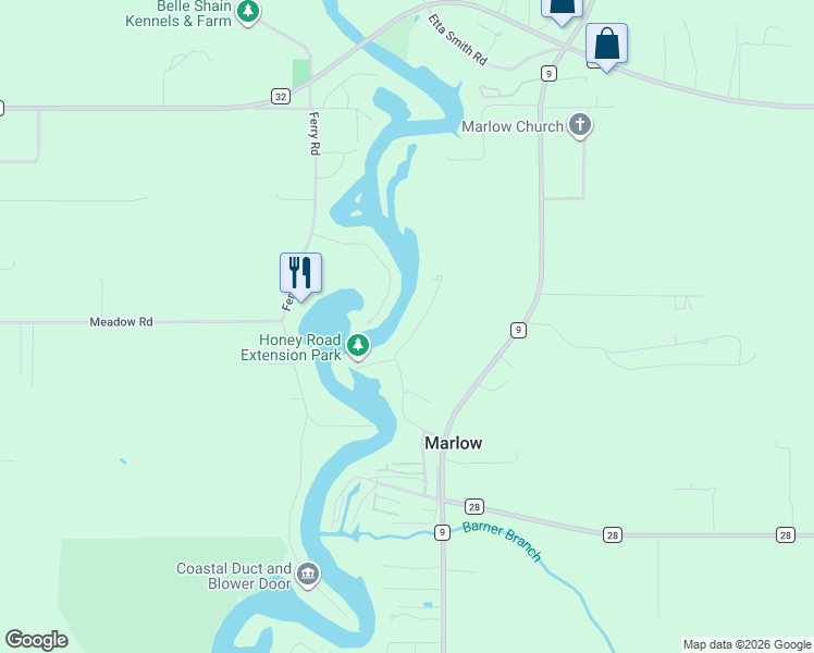 map of restaurants, bars, coffee shops, grocery stores, and more near 16487 Honey Road in Summerdale