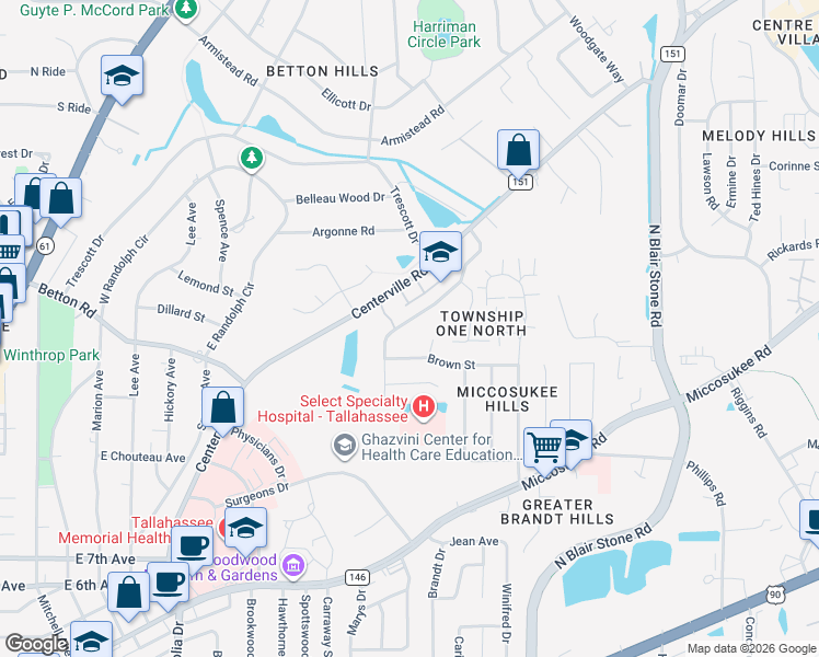 map of restaurants, bars, coffee shops, grocery stores, and more near 1545 Goodwood Drive in Tallahassee
