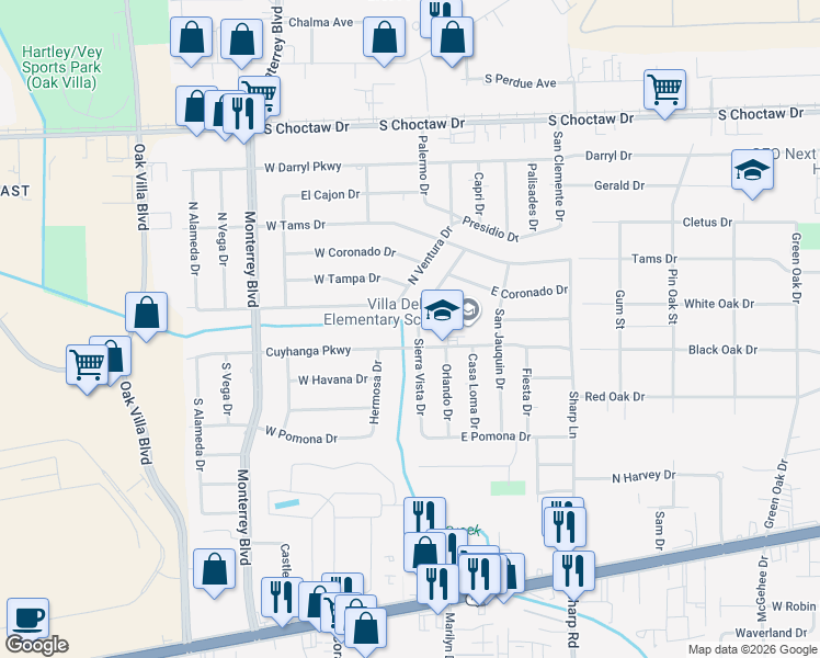 map of restaurants, bars, coffee shops, grocery stores, and more near 1675 Sierra Vista Drive in Baton Rouge