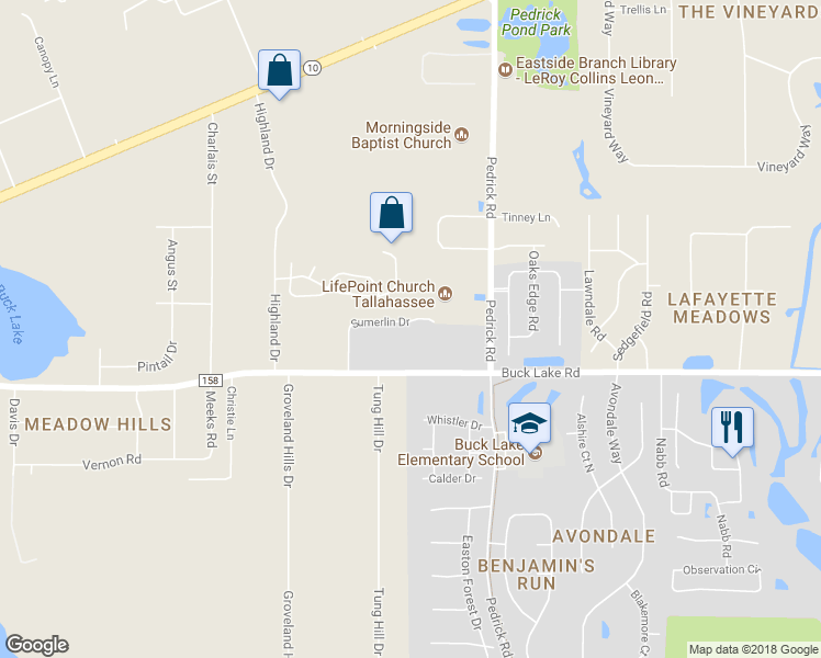 map of restaurants, bars, coffee shops, grocery stores, and more near 1341 Sumerlin Drive in Tallahassee