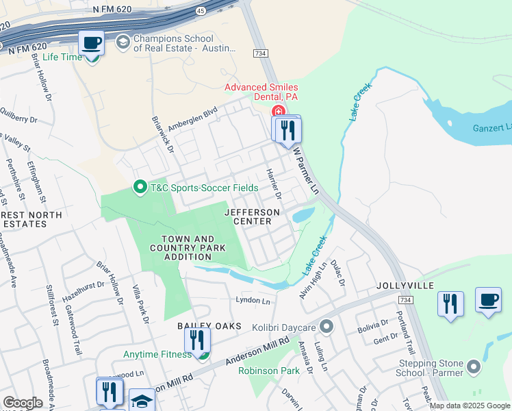 map of restaurants, bars, coffee shops, grocery stores, and more near 8732 Wood Stork Drive in Austin