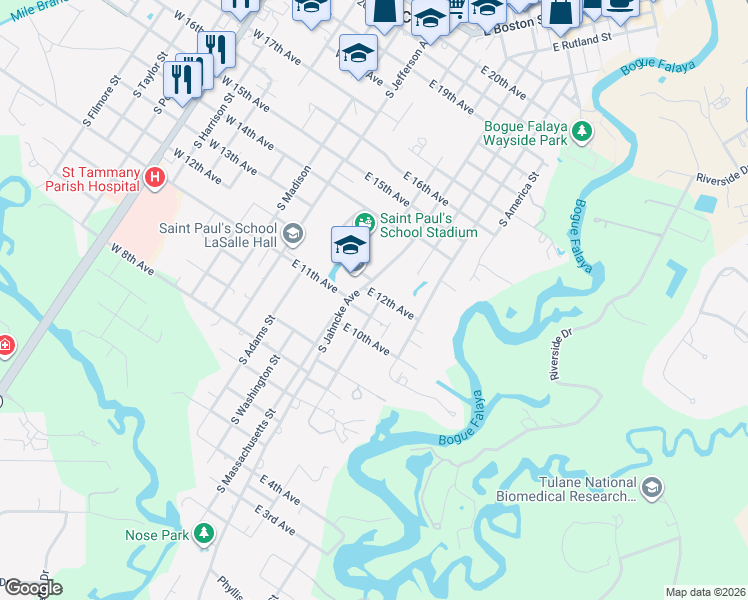 map of restaurants, bars, coffee shops, grocery stores, and more near 1001 South Louisiana Street in Covington