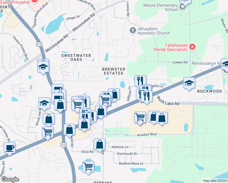 map of restaurants, bars, coffee shops, grocery stores, and more near 4067 Brewster Road in Tallahassee