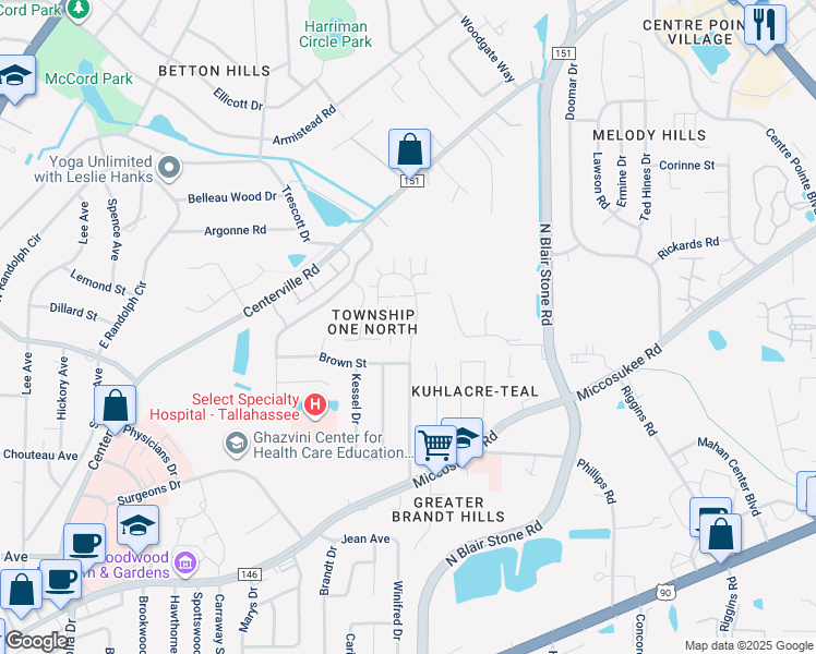 map of restaurants, bars, coffee shops, grocery stores, and more near 1605 Akridge Drive in Tallahassee
