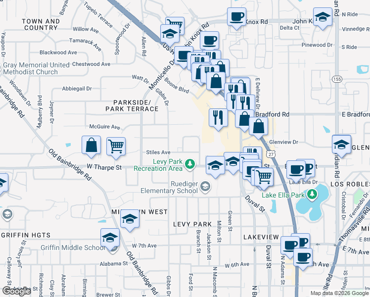 map of restaurants, bars, coffee shops, grocery stores, and more near 636 Stiles Avenue in Tallahassee