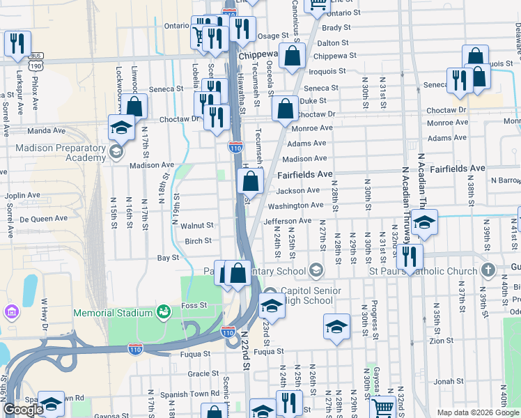 map of restaurants, bars, coffee shops, grocery stores, and more near 1919 Plank Road in Baton Rouge