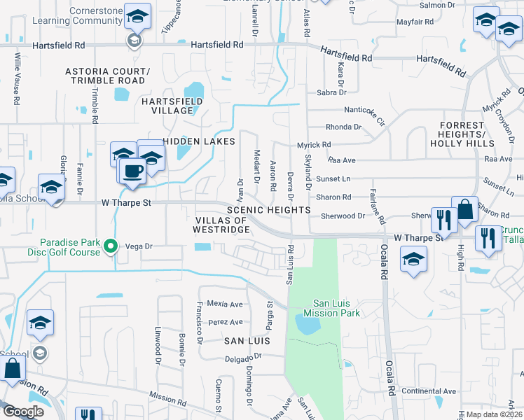 map of restaurants, bars, coffee shops, grocery stores, and more near 2101 Scenic Road in Tallahassee