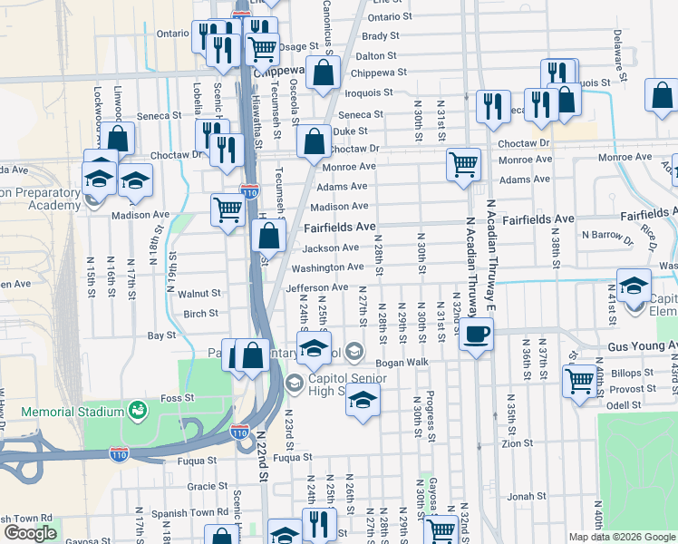 map of restaurants, bars, coffee shops, grocery stores, and more near 2608 Washington Avenue in Baton Rouge