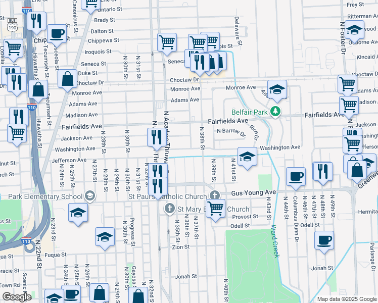 map of restaurants, bars, coffee shops, grocery stores, and more near 3536 Washington Avenue in Baton Rouge