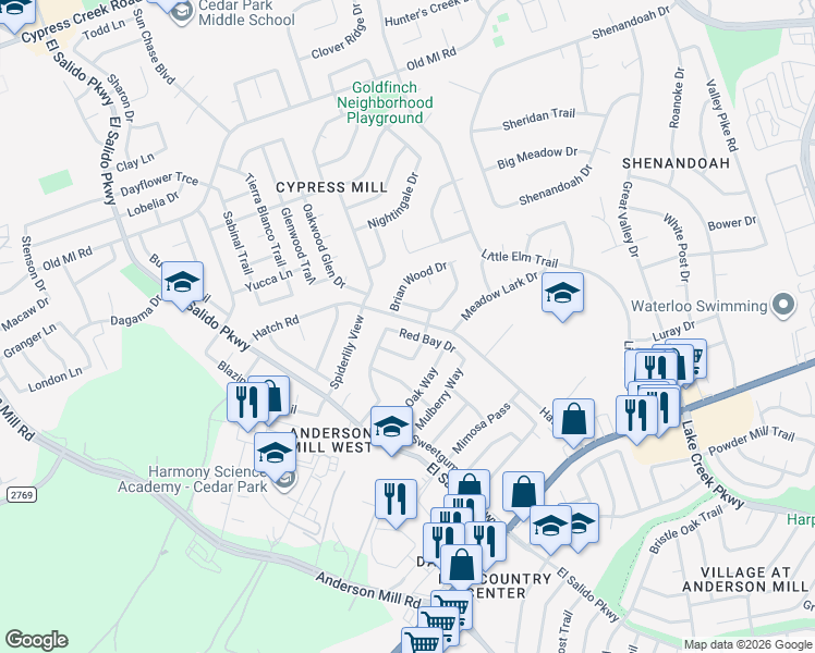 map of restaurants, bars, coffee shops, grocery stores, and more near 3010 Red Bay Drive in Cedar Park