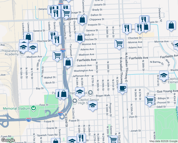 map of restaurants, bars, coffee shops, grocery stores, and more near 2608 Washington Avenue in Baton Rouge
