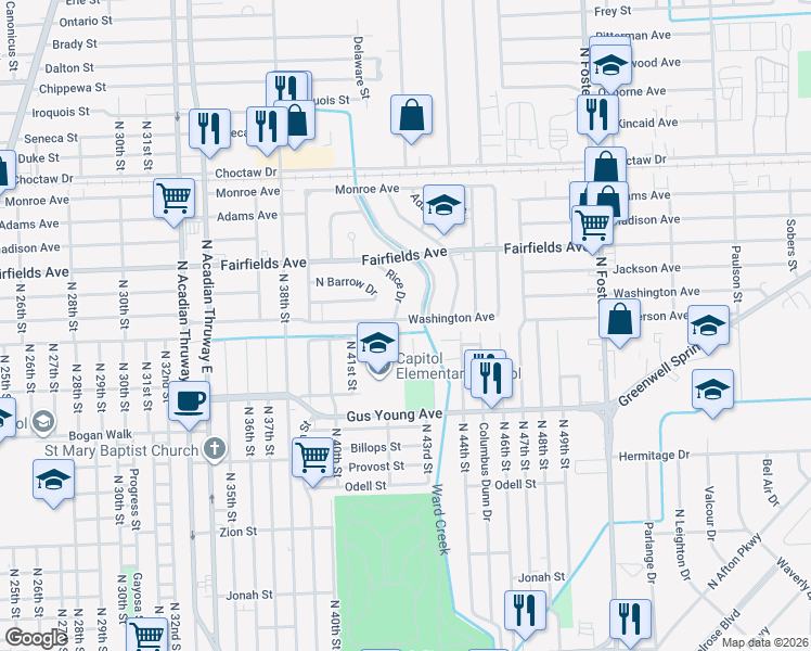 map of restaurants, bars, coffee shops, grocery stores, and more near 4236 Washington Avenue in Baton Rouge