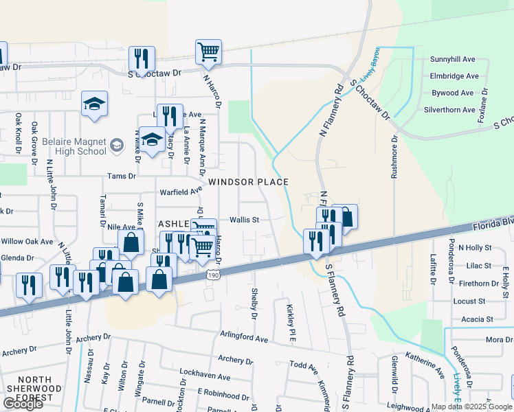 map of restaurants, bars, coffee shops, grocery stores, and more near 12924 Wales Street in Baton Rouge