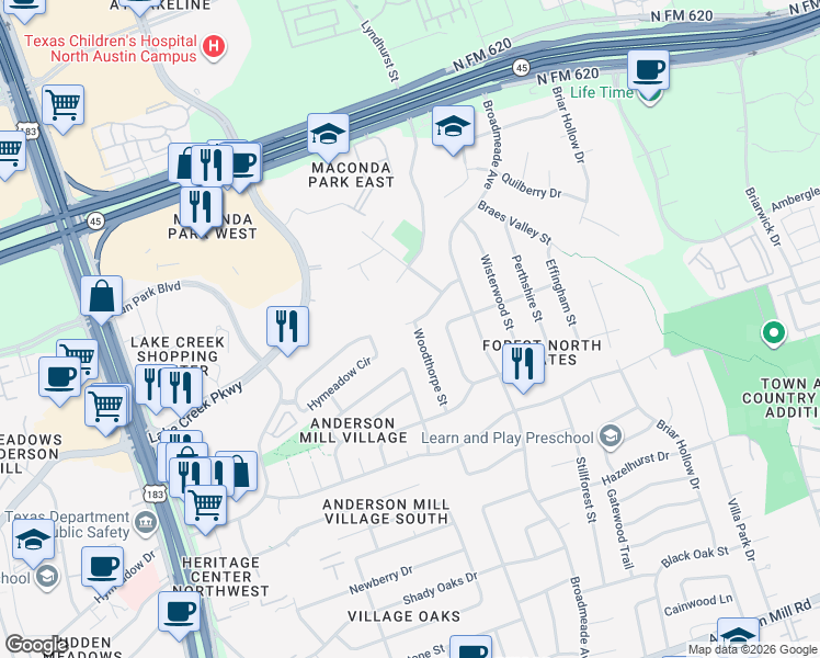 map of restaurants, bars, coffee shops, grocery stores, and more near 13224 Woodthorpe Street in Austin