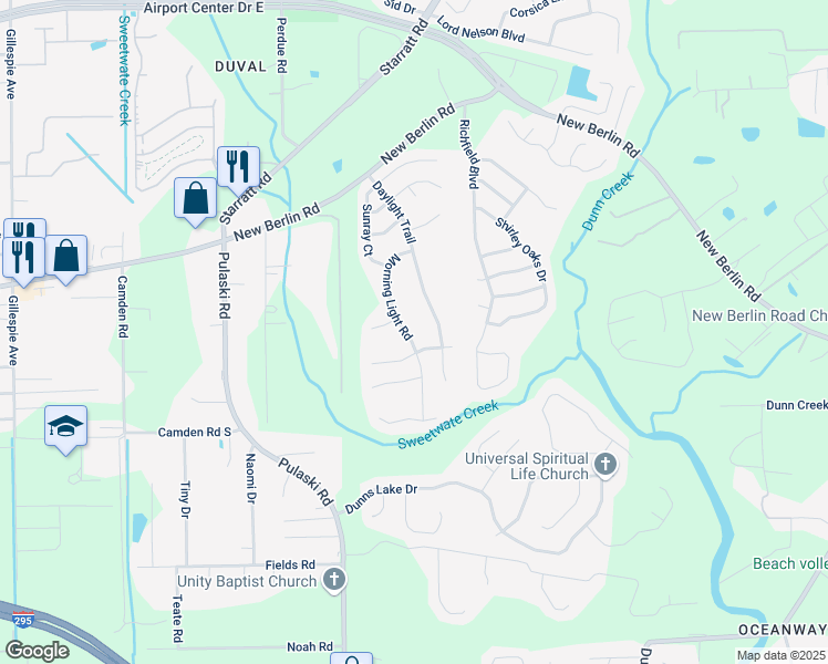 map of restaurants, bars, coffee shops, grocery stores, and more near 1044 Morning Light Road in Jacksonville