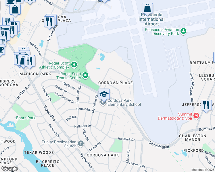 map of restaurants, bars, coffee shops, grocery stores, and more near 2320 Arriviste Way in Pensacola