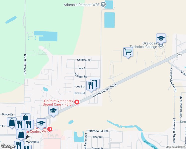 map of restaurants, bars, coffee shops, grocery stores, and more near 935 Tanager Road in Fort Walton Beach