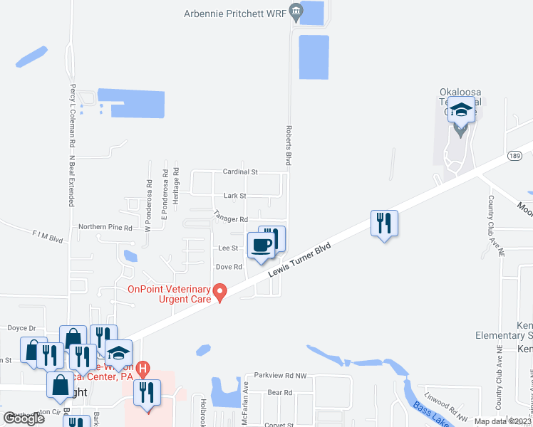 map of restaurants, bars, coffee shops, grocery stores, and more near 835 Tanager Road in Fort Walton Beach