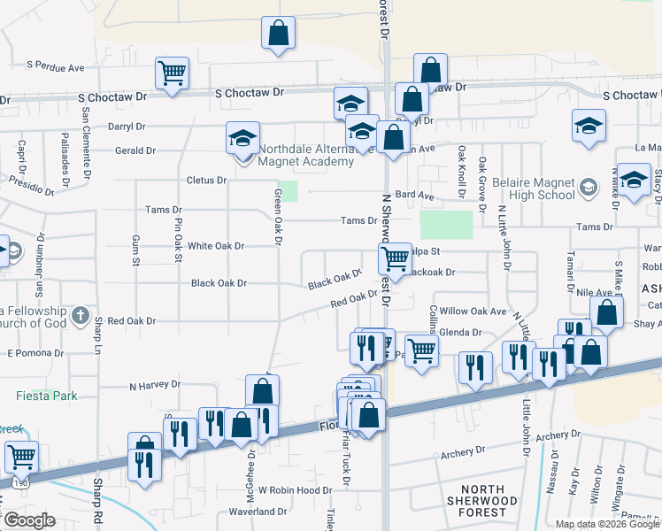 map of restaurants, bars, coffee shops, grocery stores, and more near 1824 Oak Street in Baton Rouge