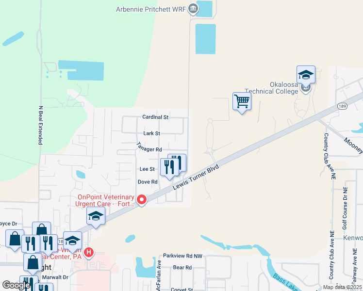 map of restaurants, bars, coffee shops, grocery stores, and more near 935 Tanager Road in Fort Walton Beach