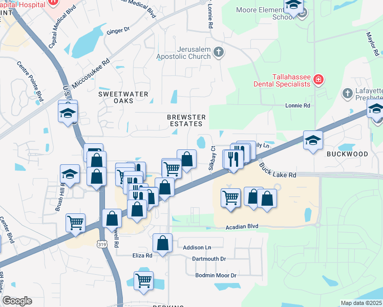 map of restaurants, bars, coffee shops, grocery stores, and more near 4067 Brewster Road in Tallahassee