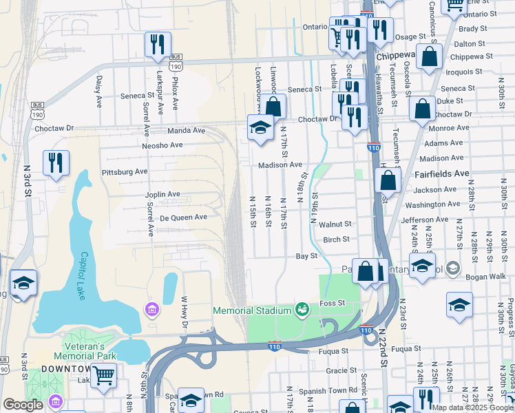 map of restaurants, bars, coffee shops, grocery stores, and more near 1905 North 15th Street in Baton Rouge