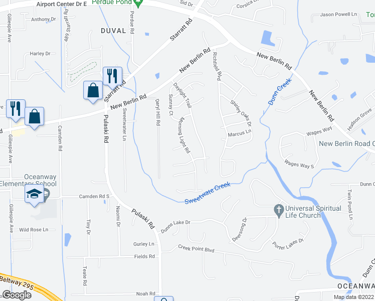 map of restaurants, bars, coffee shops, grocery stores, and more near 1052 Morning Light Road in Jacksonville