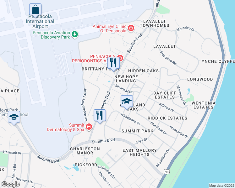 map of restaurants, bars, coffee shops, grocery stores, and more near 3261 Woodwind Place in Pensacola