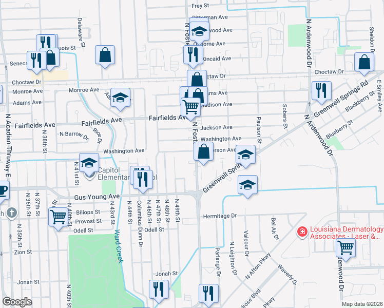 map of restaurants, bars, coffee shops, grocery stores, and more near 1797 North Foster Drive in Baton Rouge