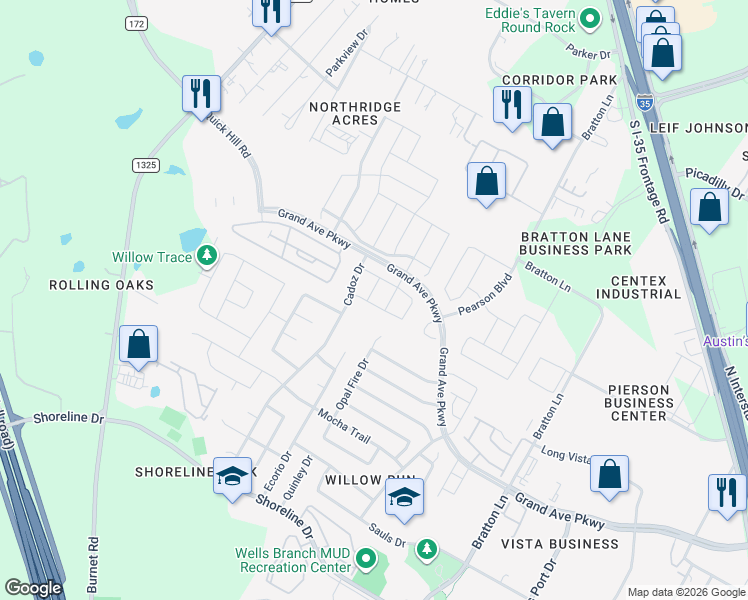map of restaurants, bars, coffee shops, grocery stores, and more near 15701 Circuit Lane in Austin