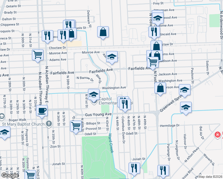 map of restaurants, bars, coffee shops, grocery stores, and more near 4350 Washington Avenue in Baton Rouge