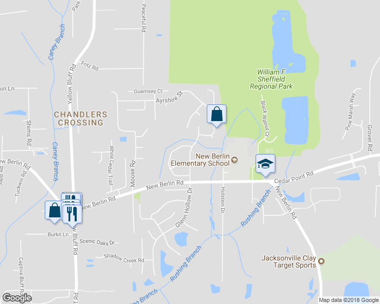 map of restaurants, bars, coffee shops, grocery stores, and more near 12581 Ayrshire Street East in Jacksonville