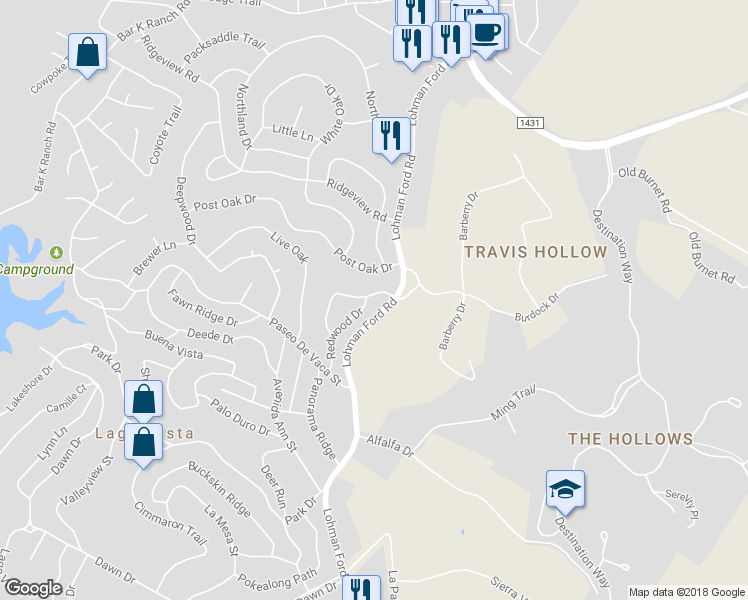 map of restaurants, bars, coffee shops, grocery stores, and more near 7007 Redwood Drive in Leander