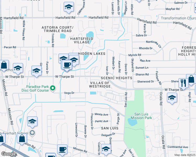 map of restaurants, bars, coffee shops, grocery stores, and more near 2331 Sandpiper Street in Tallahassee