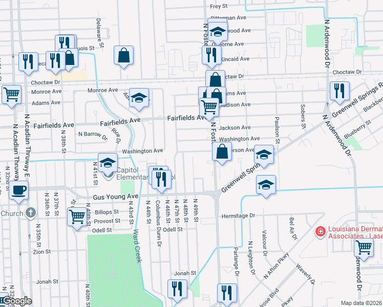 map of restaurants, bars, coffee shops, grocery stores, and more near 4838 Jefferson Avenue in Baton Rouge