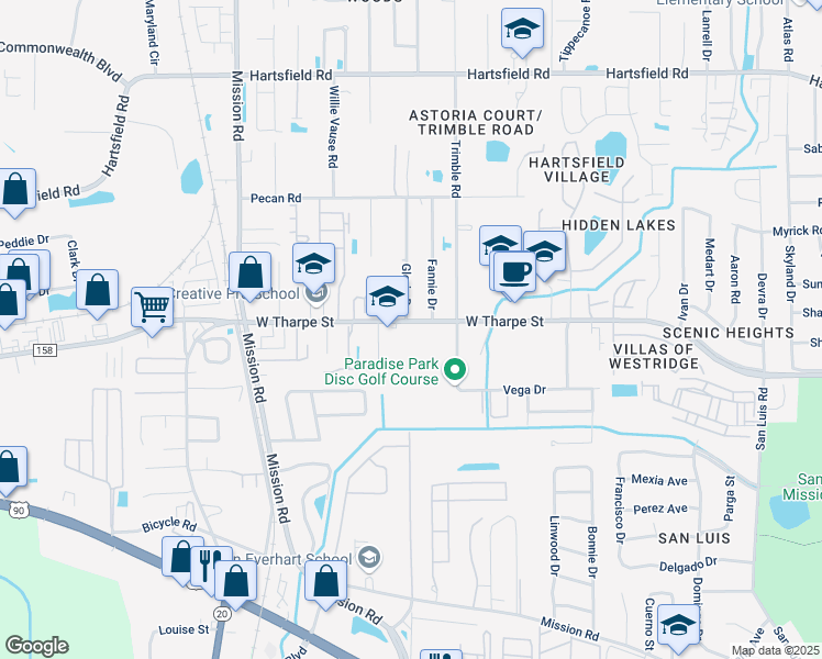 map of restaurants, bars, coffee shops, grocery stores, and more near 2621 West Tharpe Street in Tallahassee