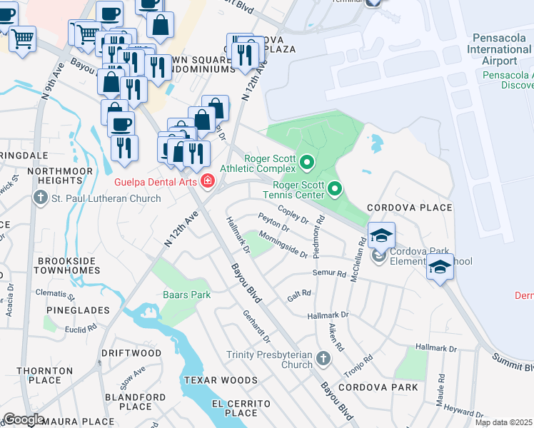 map of restaurants, bars, coffee shops, grocery stores, and more near 1834 Peyton Drive in Pensacola