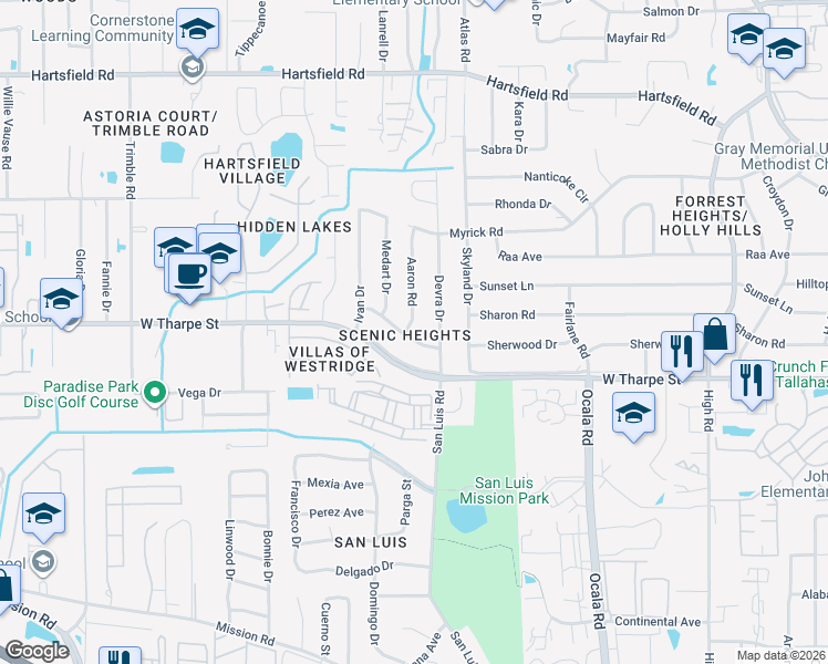 map of restaurants, bars, coffee shops, grocery stores, and more near 2101 Scenic Road in Tallahassee
