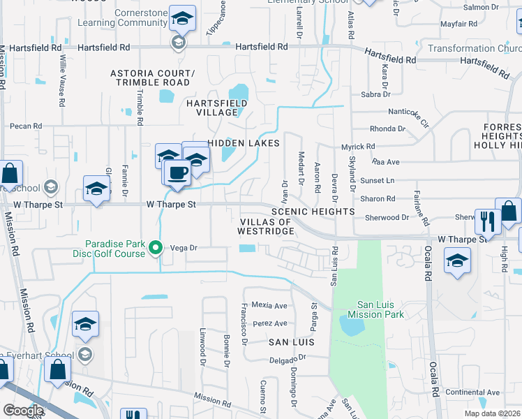 map of restaurants, bars, coffee shops, grocery stores, and more near 2331 Sandpiper Street in Tallahassee