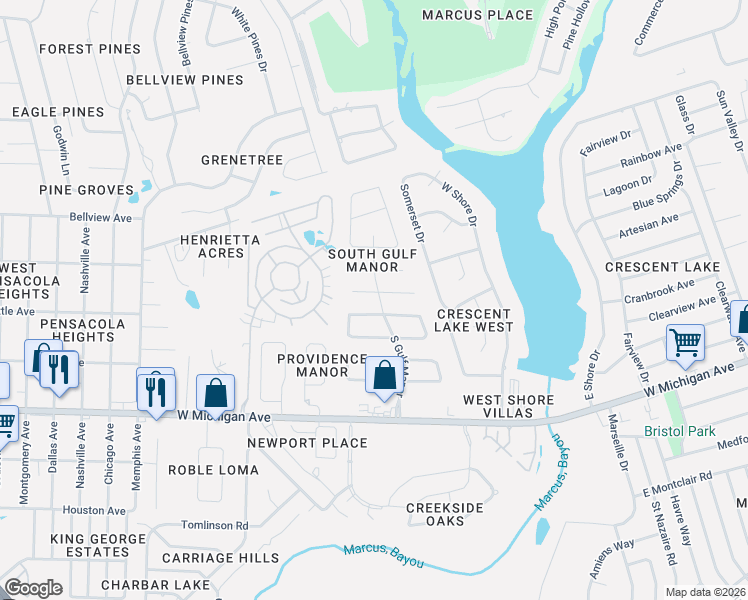 map of restaurants, bars, coffee shops, grocery stores, and more near 6035 South Gulf Manor in Pensacola