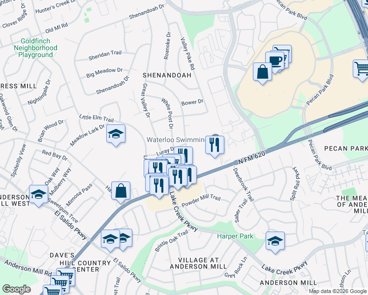 map of restaurants, bars, coffee shops, grocery stores, and more near 1514 Luray Drive in Cedar Park