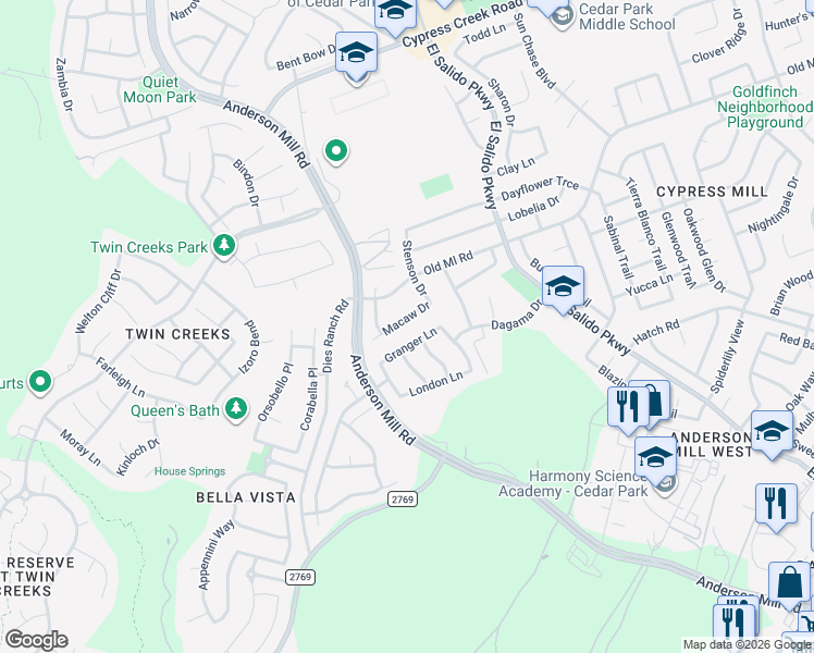 map of restaurants, bars, coffee shops, grocery stores, and more near 2214 Macaw Drive in Cedar Park